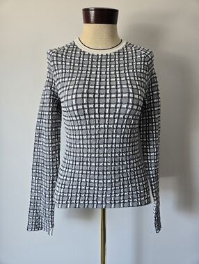 Victoria Beckham Navy and White Grid Knit Long Sleeve Top